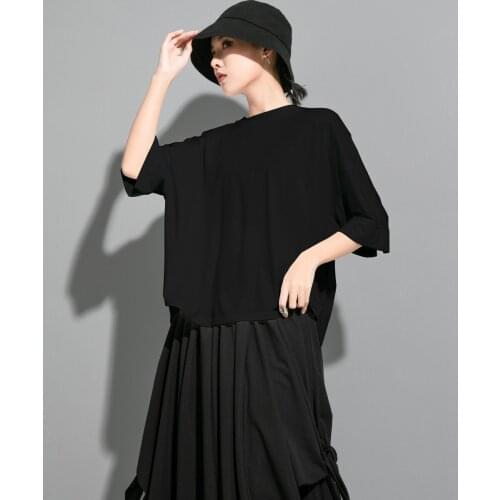 2021 summer dress new dark black drawstring split irregular T-shirt street fashion brand loose bat sleeve top female