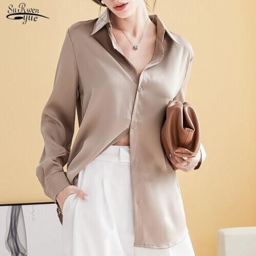 Stylish Versatile Loose Chiffon Shirt Drape Satin Shirt 2021 Spring New Long Sleeve Womens Top High End Wrinkle Resistant 12607