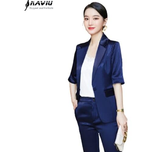 Navy Blue Business Suits Women 2021 New Fashion Tempermane Formal Half Sleeve Slim Blazer And Pants Office Ladies Work Wear Pink