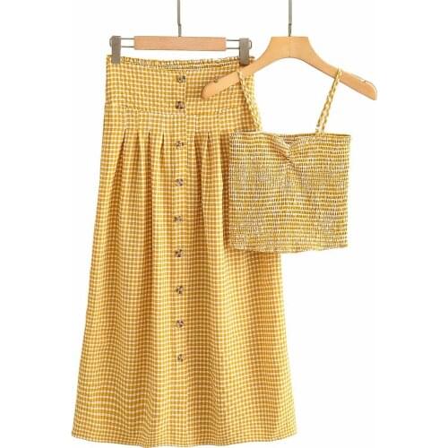 Womens Skirt Set Summer Retro Check Print Pleated Elastic Sling + High Waist Elastic Single-Breasted Skirt 2 piece set women
