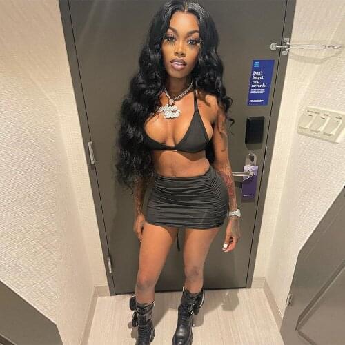 Black Women Spaghetti Strap Cleavage Crop Top Pleated Skinny Mini Skirt Set Deep V Neck Bandage Streetwear Club Party Outfits
