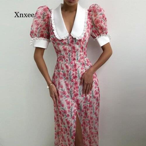 V-Neck Floral Print Dress Women Fashion Puff Sleeve Button Long Dress Elegant Retro Female Sexy Split Beach Robe Vestido 2021