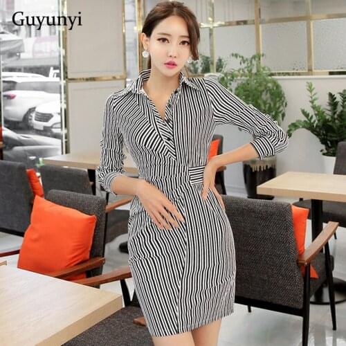 Elegant Office Lady Dress 2021 Summer High Waist Tight Mini Dress Simple Turn Down Collar 3/4 Sleeve Striped Shirt Dress Women