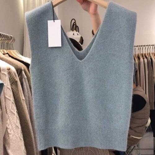 2021 Autumn Winter Korean Version Double V-neck Knitted Sweater Vest Loose Top Womens Waistcoat Vest Girls Leisure Blue