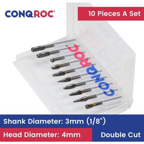 10 Pieces YG8 Carbide Rotary Burrs Set 4mm Cutting Dia Double Thread Engraving Bits 1/8" 3mm Shank Milling Cutters for Dremel