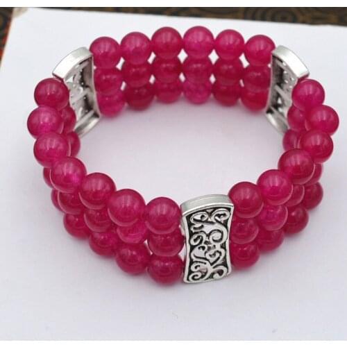 3 row Womens Natural 8mm jades Beads Stretch Tibetan silver Bracelet>>>silver for women