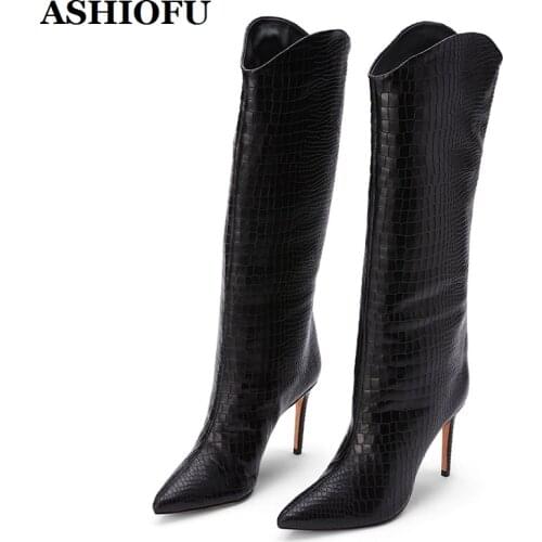ASHIOFU Handmade New Vintage Ladies High Heel Boots All-matches Sexy Party Prom Knee Boots Winter Evening Fashion Boots Shoes