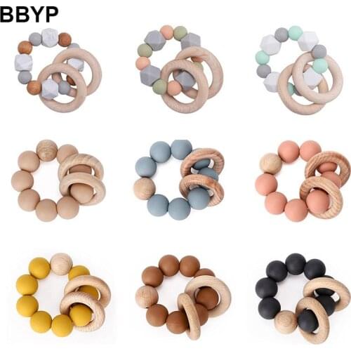 Baby Teether Bracelet Organic Wooden Ring Natural Teething Grasping Toy Silicone Bead Toddler Teether Newborn DIY Baby Gift