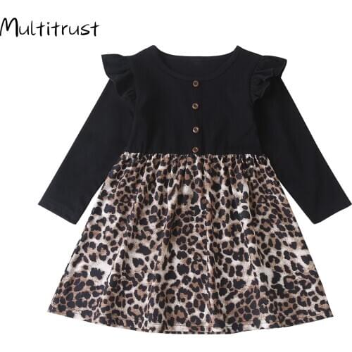 Infant Toddler Baby Dress 2020 Leopard Patchwork Dress Long Sleeve Round Neck Decorative Button Ruffle Leopard One-piece