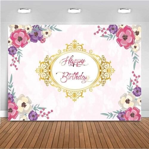 Red Flower Happy Birthday Backdrop White For Princess Girl Birthday Party Photography Background Golden Border Birthday Banner