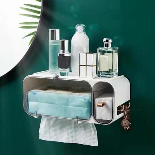 Punch Free Waterproof Wall Mounted Toilet Tissue Box Cover Multifunction Bathroom Storage Organizer Roll Paper Dispenser Holder