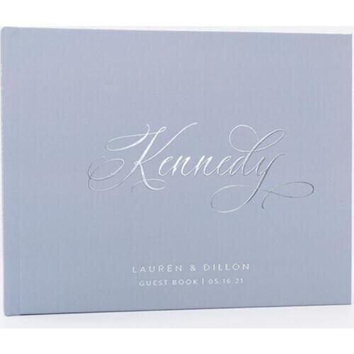 Personalized names and date Dusty Blue Wedding Guest Book custom Silver Guestbook Landscape Gold Foil birthday Photo Book