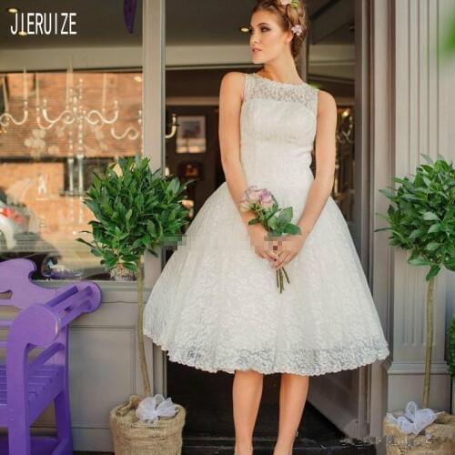 JIERUIZE Short Lace Beach Wedding Dresses O Neck Zipper Back A Line Knee-Length Sleeveless Wedding Bridal Gowns vestido de noiva