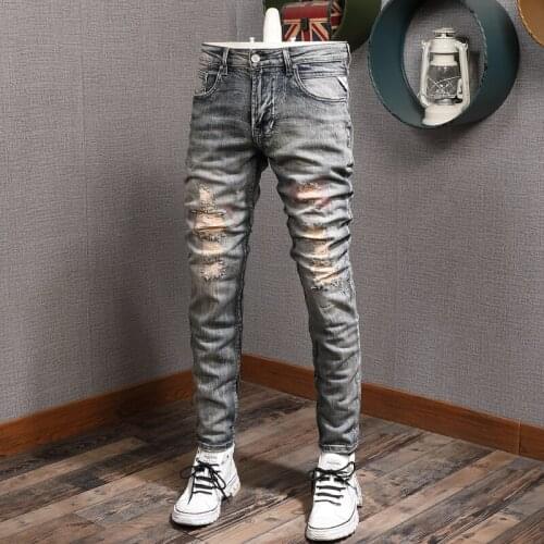 Italian Style Fashion Men Jeans Retro Elastic Cotton Slim Ripped Jeans Men Streetwear Embroidery Patchwork Designer Denim Pants