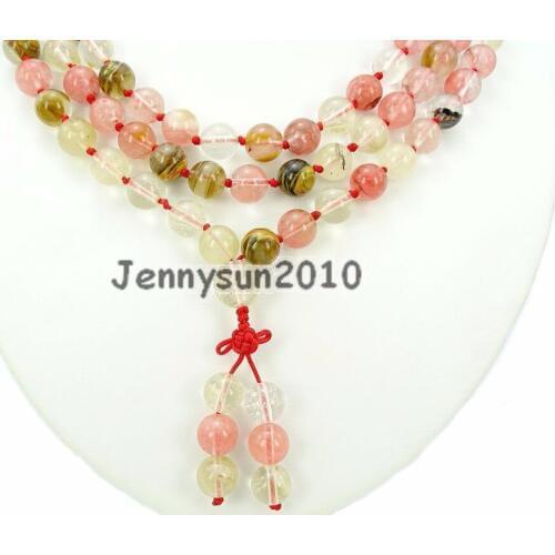 Natural Watermelon Skin Quartz 10mm Gems Stone Buddhist 108 Beads Prayer Mala Knot Necklace Multi-Purpose 5Strands/Pack
