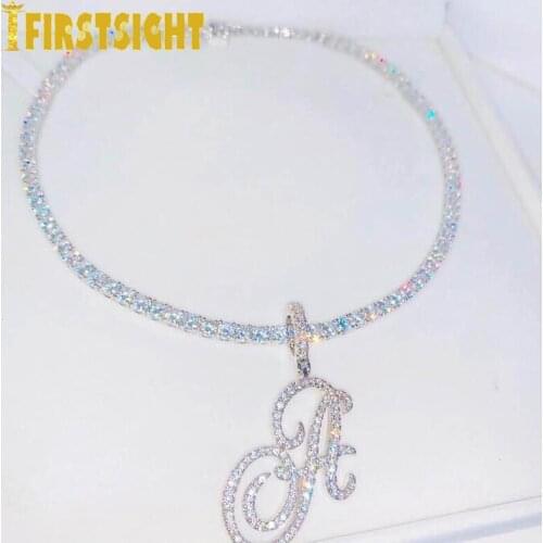 New A-Z Cursive Letters Name Pendant Necklace Iced Out Cubic Zircon Gold Silver Color Tennis Chain Charm Choker Hip Hop Jewelry