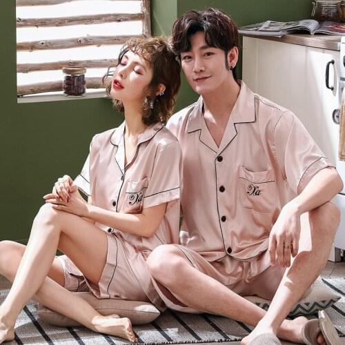 Ice Silk Couple Pajamas Short-sleeved Men and Women V-neck Cardigan Simulation Silk Home Service Pajama Sets