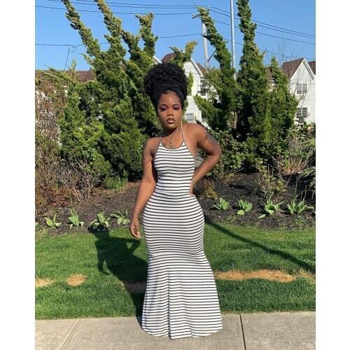 Echoine Sexy Strap Bodycon Striped print long maxi dress backless cross lace up dresses