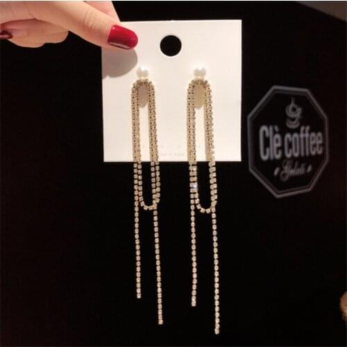 European American Type Fashion Earrings Long Chain Pearl Golden Sliver Ear Studs