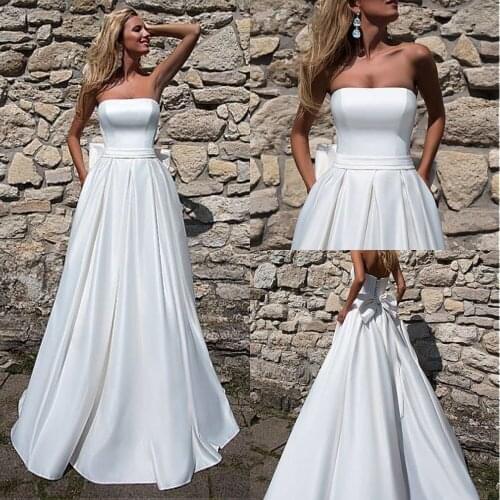 Modest Satin Strapless Neckline Natural Waistline A-line Wedding Dress With Bowknot Bridal Gowns Robe De Mariage