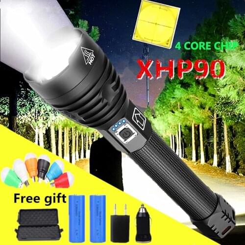 70000LM Super Powerful Xlamp XHP90.3 XHP90 LED Flashlight LED Torch USB XHP50 Lamp Zoom Tactical Torch 26650 Rechargeable Battey