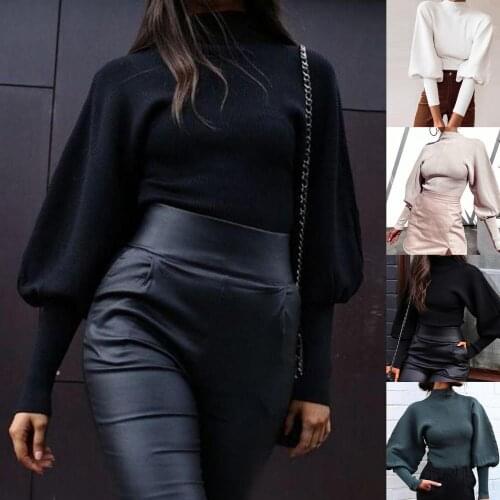 Autumn Women Solid Color Sweater Turtle Neck Long Puff Sleeve Knitted Pullover Korean Style Oversize Sweater Casual Clothes