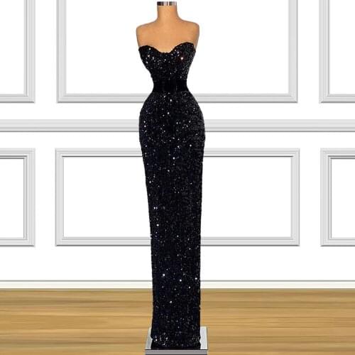 Slim Sweetheart Sequin Black robe de soirée de mariage платье 2021 Straight Sleeveless Prom Dresses