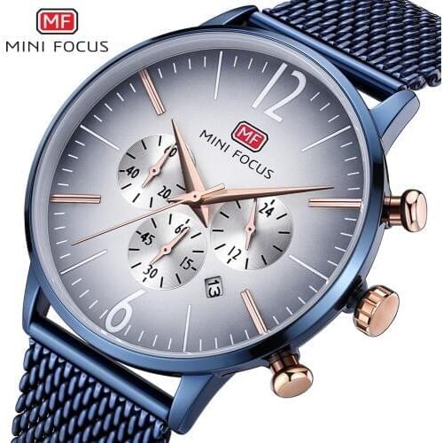 MINI FOCUS Unique Fashion Watch Men Quartz Analog Clock Blue Mesh Strap 3 Sub-dial Multifunction Top Brand Luxury Sports Watches