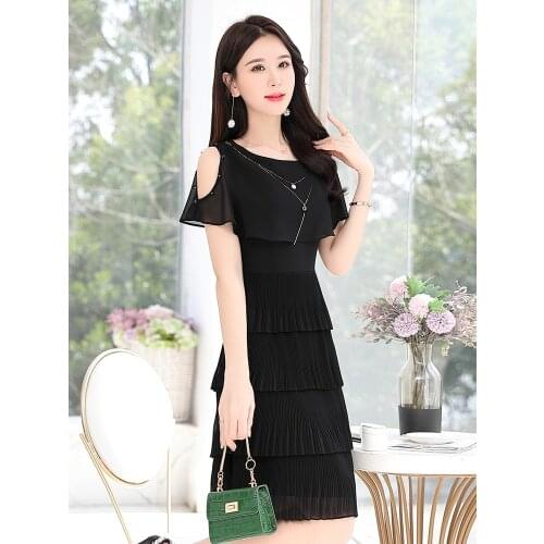 Vestido Dress Women Summer Short Sleeve O-neck A-line Slim Waist Chiffon Sukienki Robe Sukienka Vintage 9855