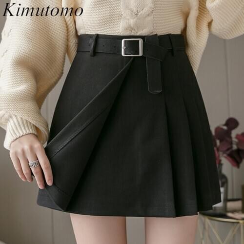 Kimutomo Chic Fashion Pleated Mini Skirt Women Korea Style Irregular High Waist with Sashes A-line Skirts Outwear Elegant