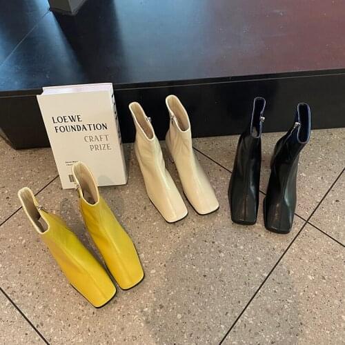 Yellow/Beige/Black Women Chelsea Booties Square Toe Side Zipper Thick Mid Heels Ankle Boots Woman Winter Boots Shoes Size 35-39