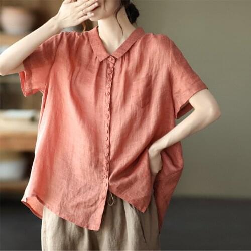 New Women Shirts Summer Solid Color Pocket Loose Single-Breasted Casual Female Wild Ramie Tops Tide