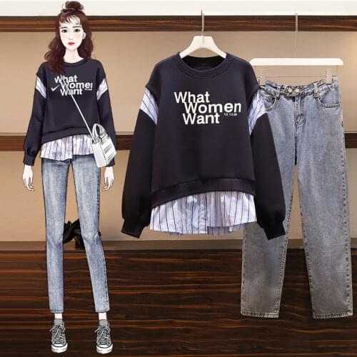 Plus Size Womens Autumn New Suit Womens Fashion Stitching Sweater + Womens Jeans Large Size Two-piece Suit