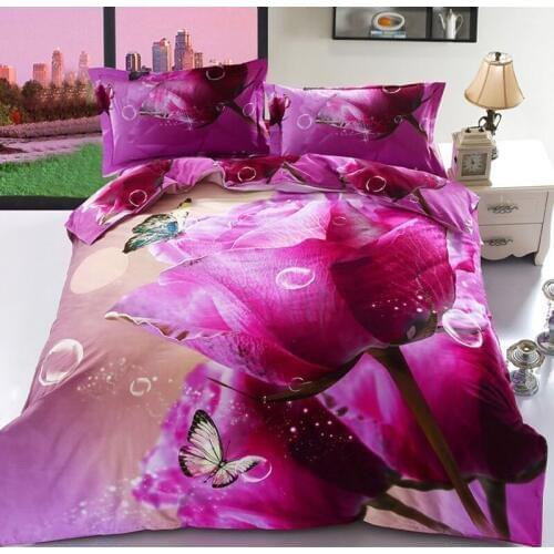 100% Cotton Sanding Printed Flower Bedding Set Wedding Bed Sheet set Duvet Cover Pillowcase Queen King 4pcs purple tulip rose