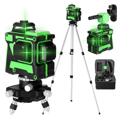 3D 12 Lines Self-leveling Laser Level with 1.5M 3 Heights Adjustable Alloy Extension Bar Tripod Stand and Carrying Bag