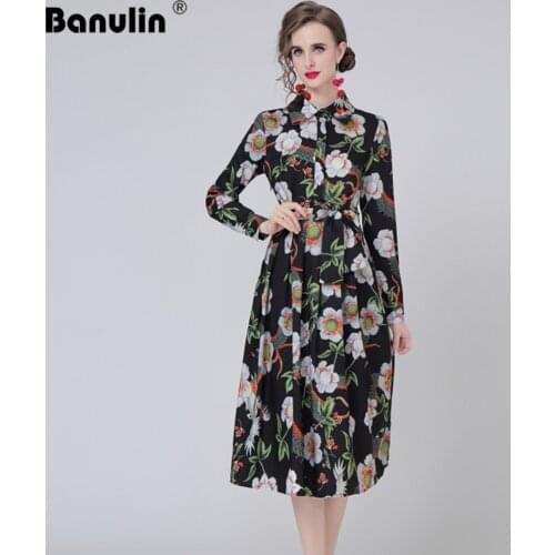 Banulin 2021 Spring Fashion Runway Pleated Shirt Dress Womens Long Sleeve Floral Print Midi Vintage Dress with Belt N68659