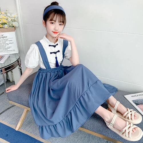 Back To School Clothes For Children Kids Cute Japanese Cosplay Fashion Harajuku Streetwear School Girl White Tops Blue Jumpsuit