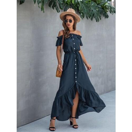 GOOHOJIO Elegant Boho Women Dress Fashion Ruffle A-Line Button Long Dress Square Collar Flare Sleeve Ladies Dress Vintage Dress