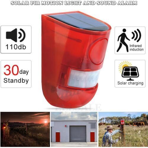Solar Powered Infrared Motion Sensor Detector Siren Strobe Alarm System Waterproof 110dB Loud For Home Yard Outdoor Security