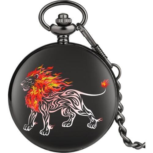 Creative 3D Flame Tiger Lion Sketch Pocket Watch with Roman Numerals Animals Watches Chain Pendant Watch for Men Women