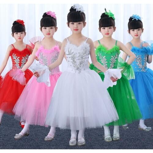 Romantic Ballet Tutu Costumes Children feather Straps Long Tulle Swan Dancing Ballerina Dress Girls Skating Dress Suit Outfits