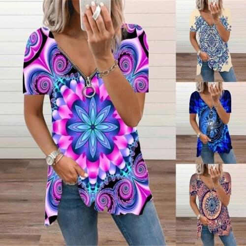 Sexy Folk-custom V-neck Women Clothes Lady Fashion Casual Top Pullover Short Sleeve Loose Tshirt Zipper Plus Size TeeShirt Femme