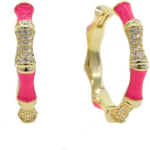 Gold Color with pink white enamel Bamboo Circle Hoop Earrings For Women Hip Hop Large Celebrity Basketball Wives Earrings Hoops