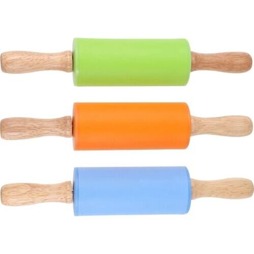 Silicone Rolling Pin Children Dough Roller Rolling Pins for Baking,Wooden Handle,3 Pieces (Orange+Green+Blue)