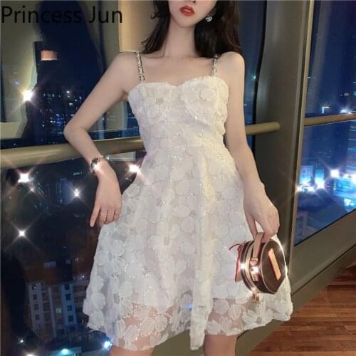 Summer Fairy Beads Sling White Mini Dress Sexy Slash Neck Rhinestones Blingbling Dress Sleeveless Holiday Strap A Line Dress