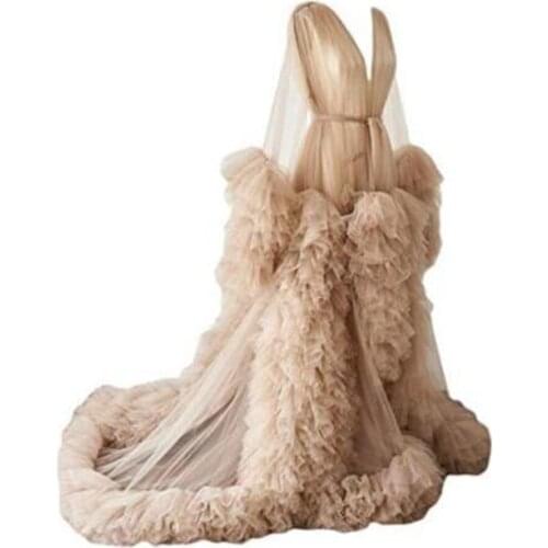 Sexy Champagne Prom Dresses Bridal Maternity Robes Ruffled Long Sleeve Floor Length Tulle Party Dress For Photo Shoot Customized