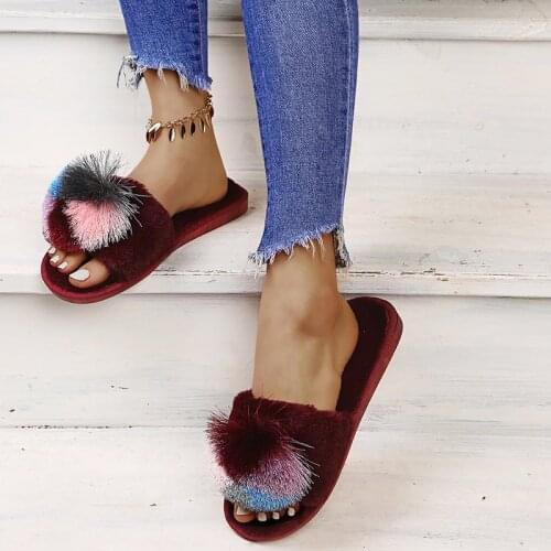 Women Furry Slippers Size 36-41 Ladies Shoes Cute Plush Fox Hair Fluffy Sandals Womens Fur Slippers Summer Snug Slippers Women