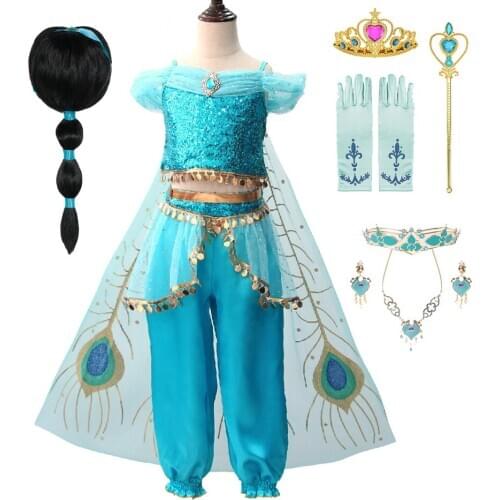 Party Girls Fancy Dress Aladdins Lamp Princess Aladdin Cosplay Cloak Dress Costume with Wig Headband