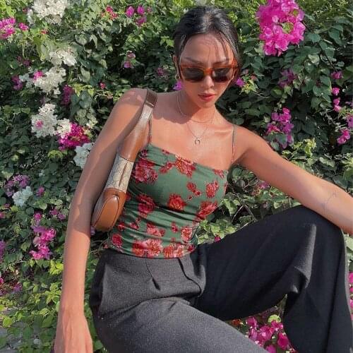 Vintage Floral Print Cami Top 90s Women Sleevless Slim Fit Cropped Summer Spaghetti Strap Top Mini Vest Streetwear Y2K Aesthetic