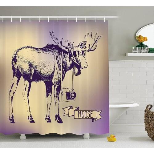 Moose Shower Curtain Hipster Deer with Shades Sunglasses and Camera Vintage Ombre Funny Animal Art Wall Decoration Curtains